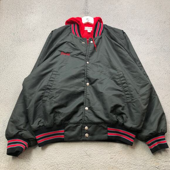 Vintage 80s Wear Guard Varsity Bomber Jacket Men Large Black Red Snap Hood David - Picture 1 of 12